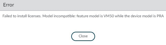 Failed to install licenses. Model incompatible